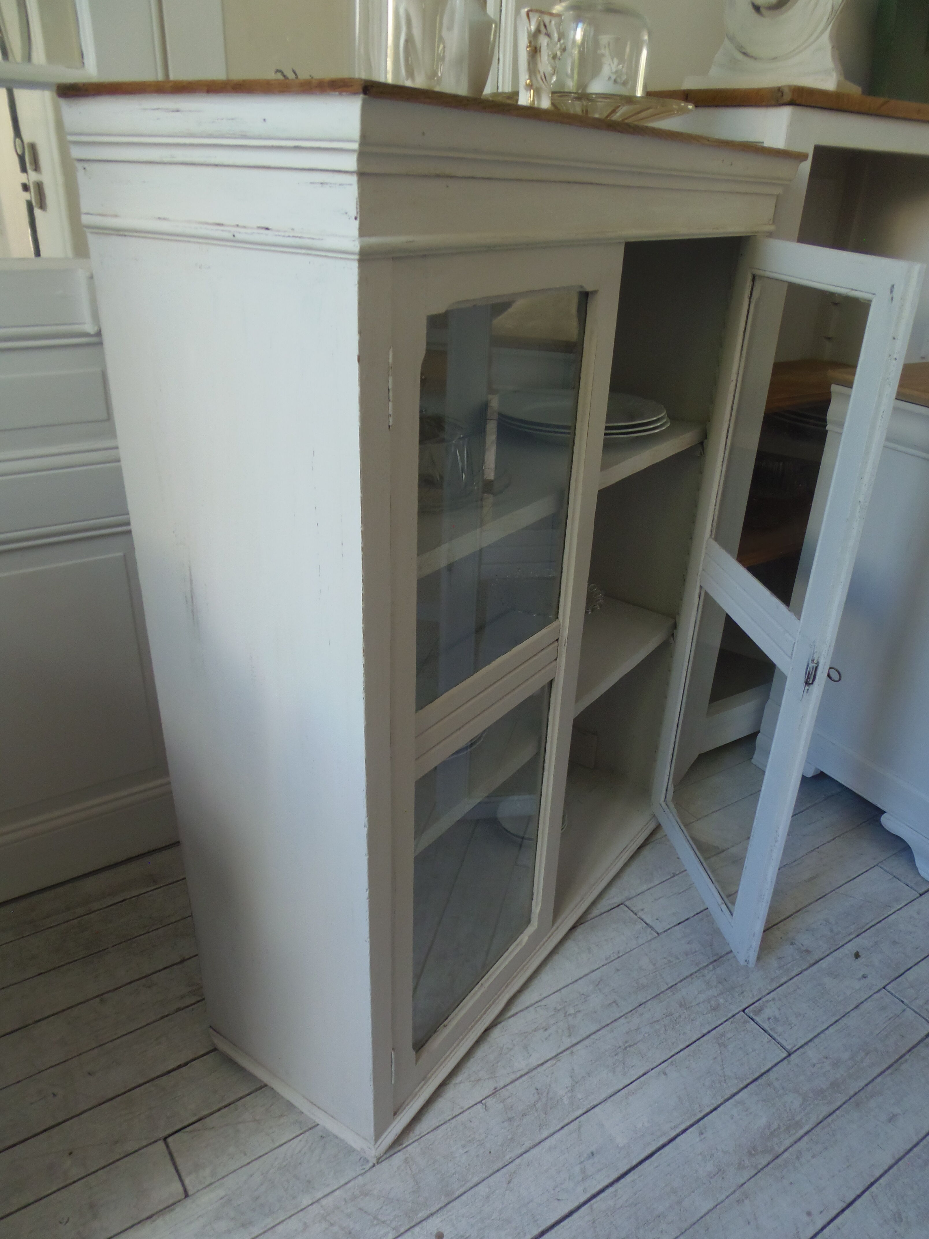 Showcase, bookcase, vintage pearl grey patinated cupboard, wooden top.