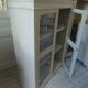 Showcase, bookcase, vintage pearl grey patinated cupboard, wooden top.