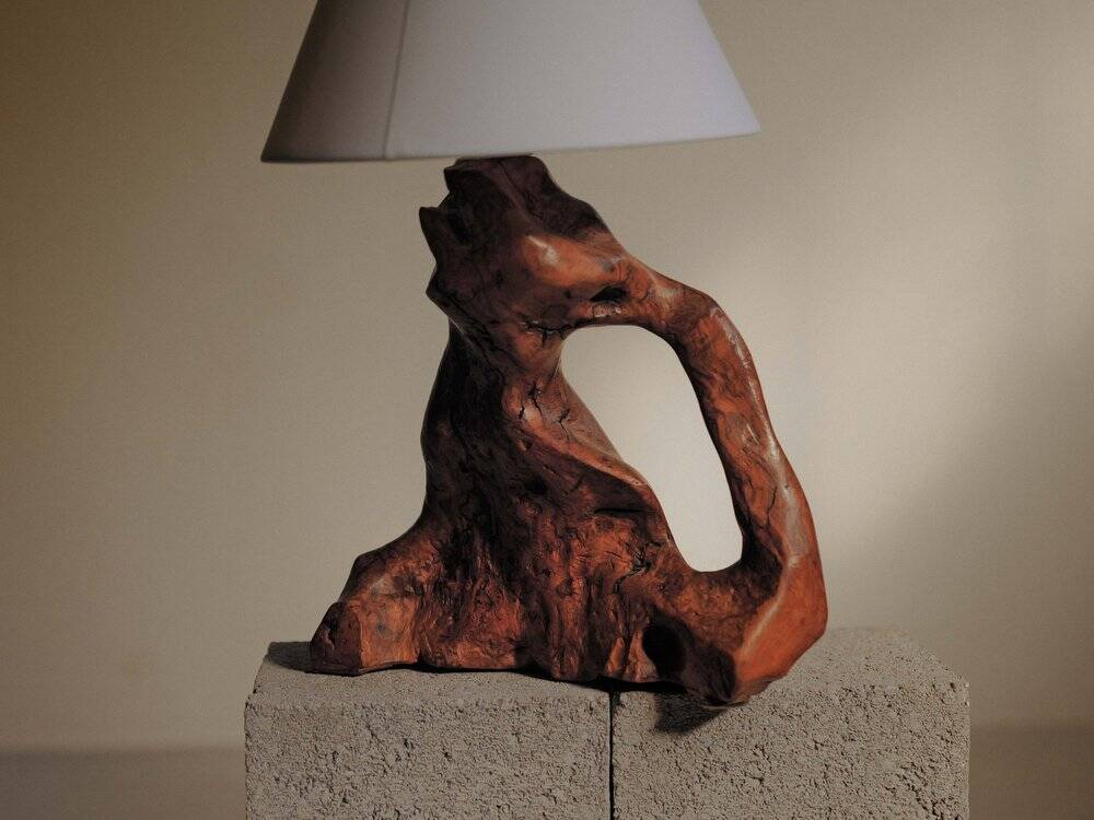 Sculptural lamp made of olive wood, around 1960.