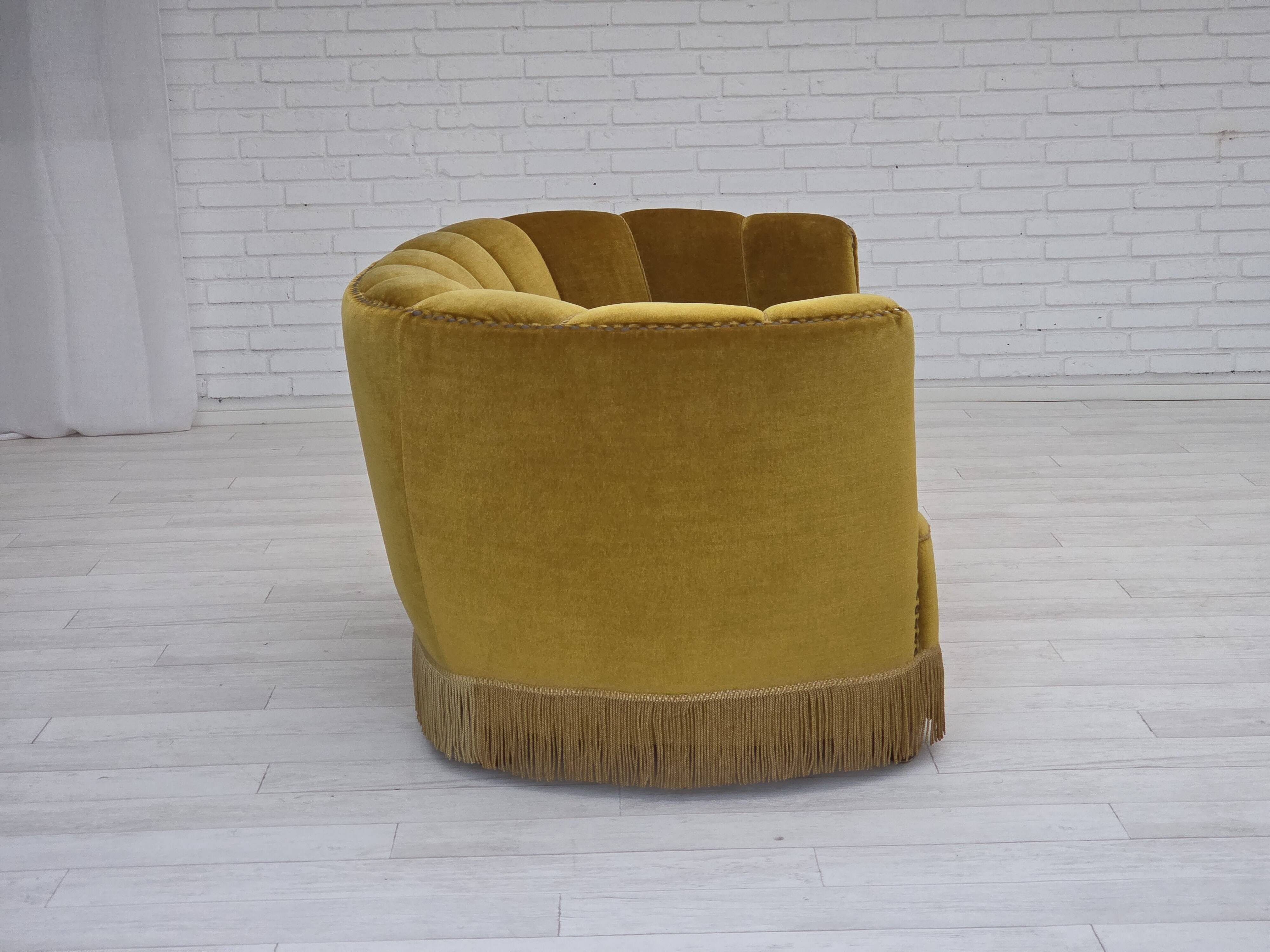 1960s, Danish 2-seater "Banan" sofa, green furniture velour, oak wood.