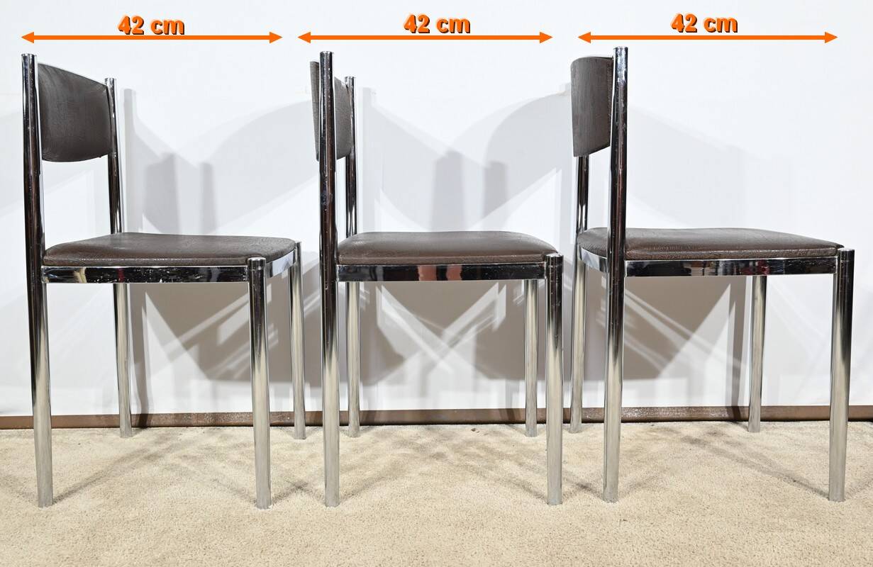 Suite of 3 Leather and Chrome Metal Chairs, attributed to Collomb Creation – 1970