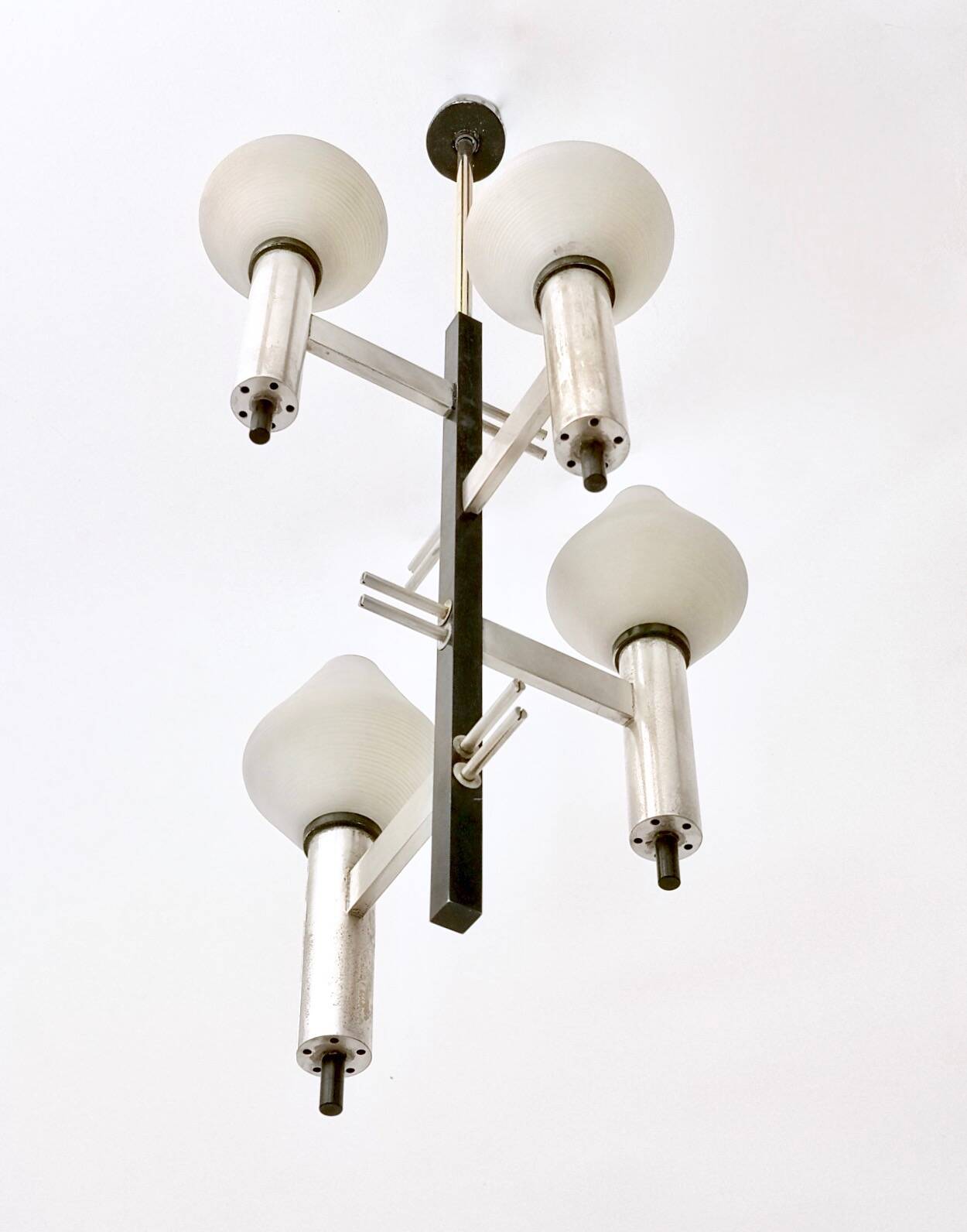 White Encased and Engraved Glass and Brass Chandelier