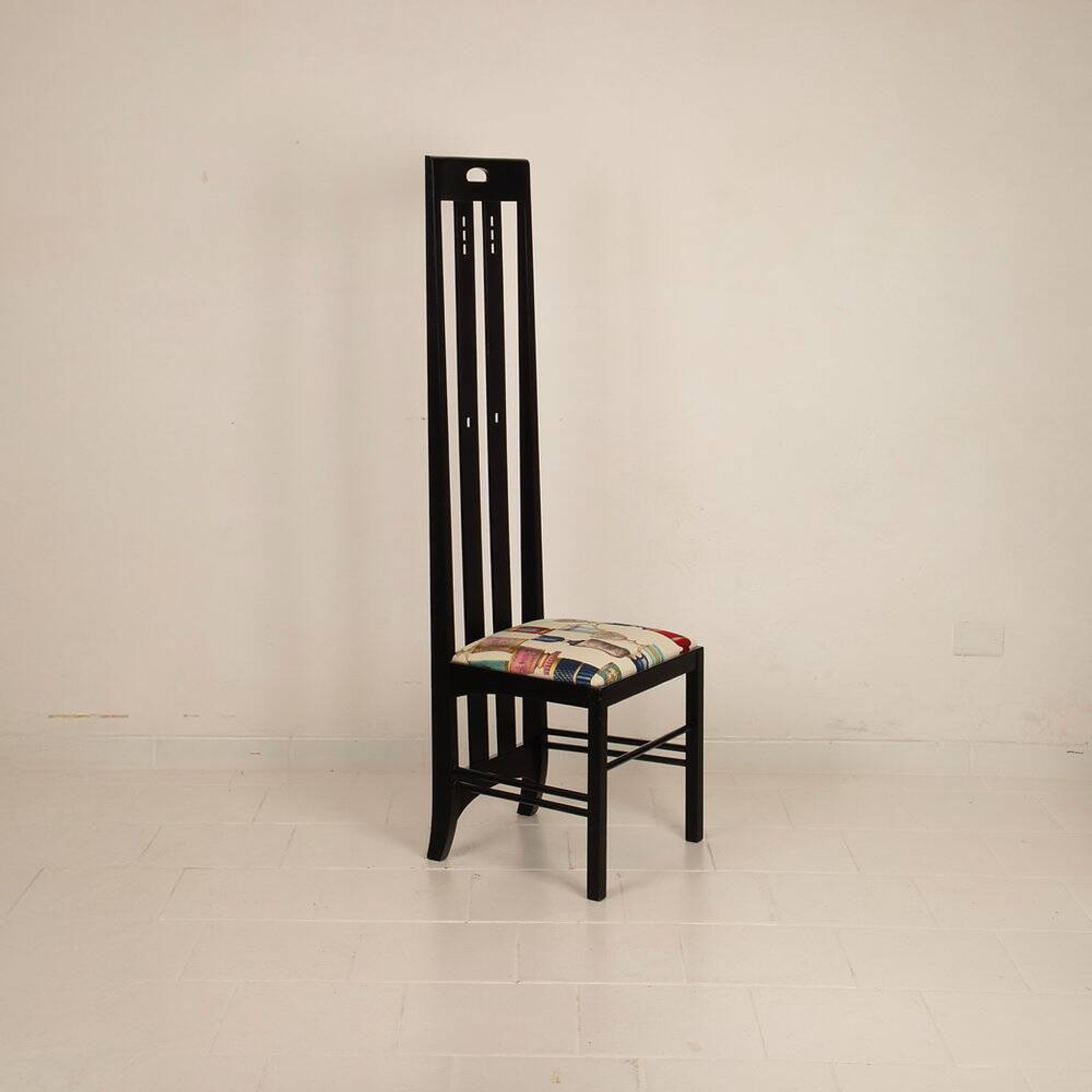 High Ingram chair by Charles R. Mackintosh for Alivar with Fornasetti fabric