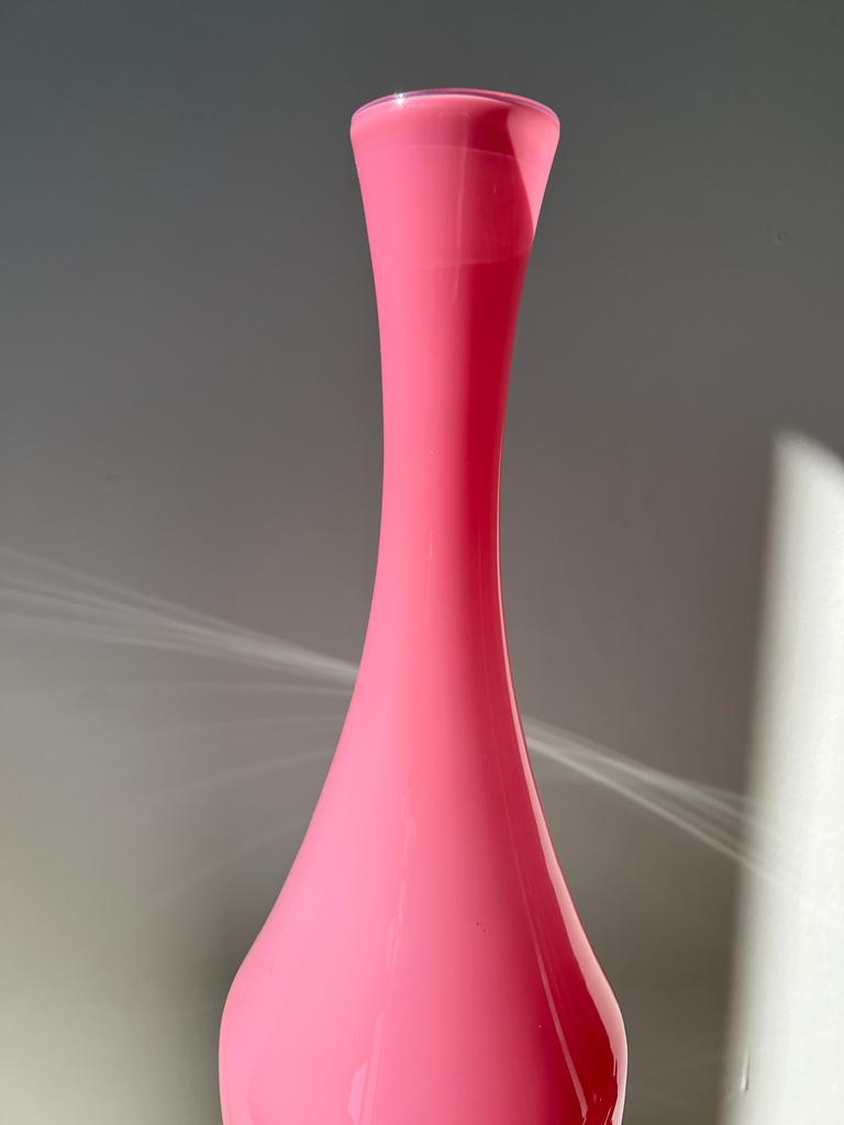 Vintage pink opaline glass vase, white foot h: 53cm