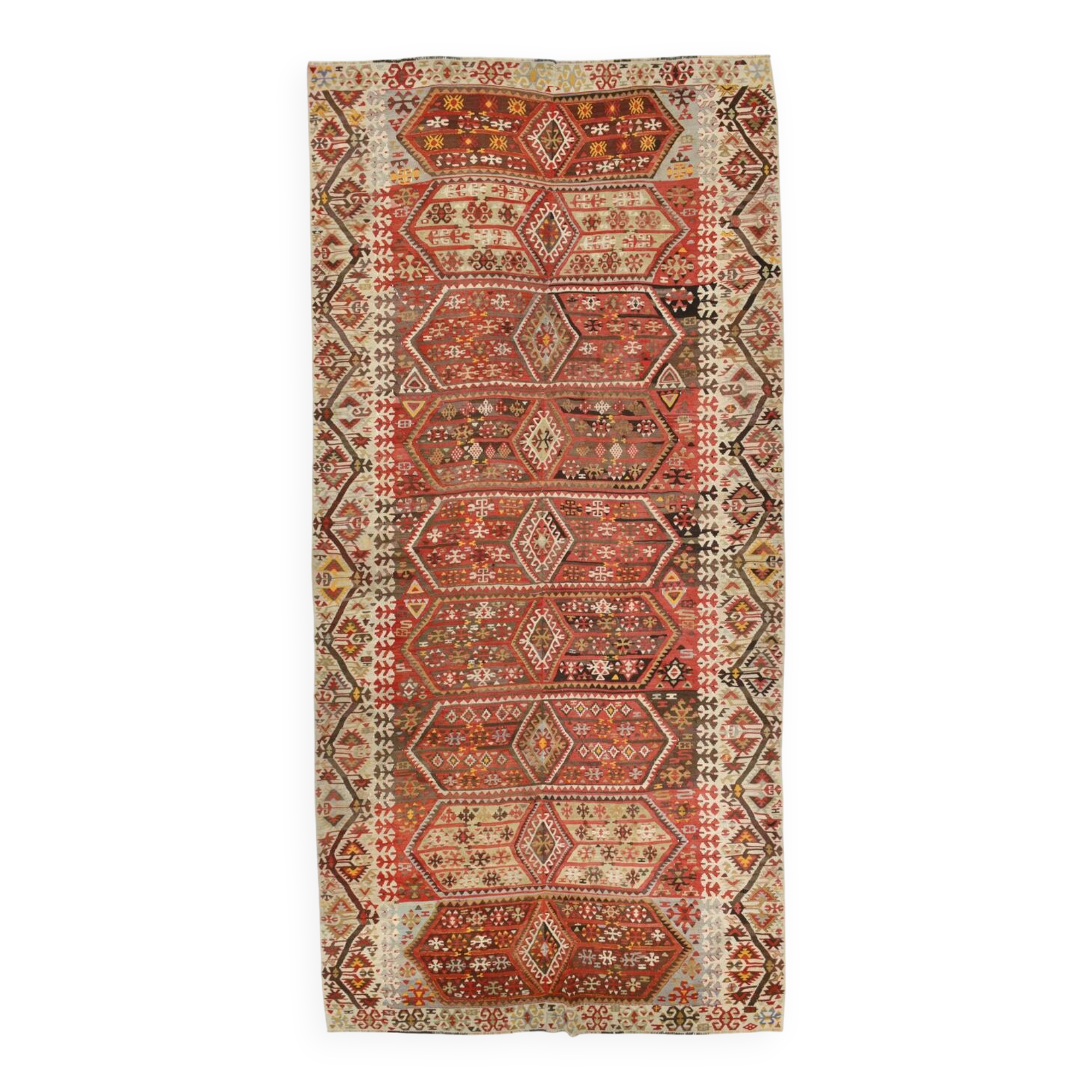 6x13 Beige & Red Wool Kilim Rug, 193x406Cm