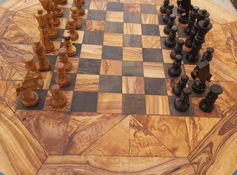 Chess game table, rustic olive wood