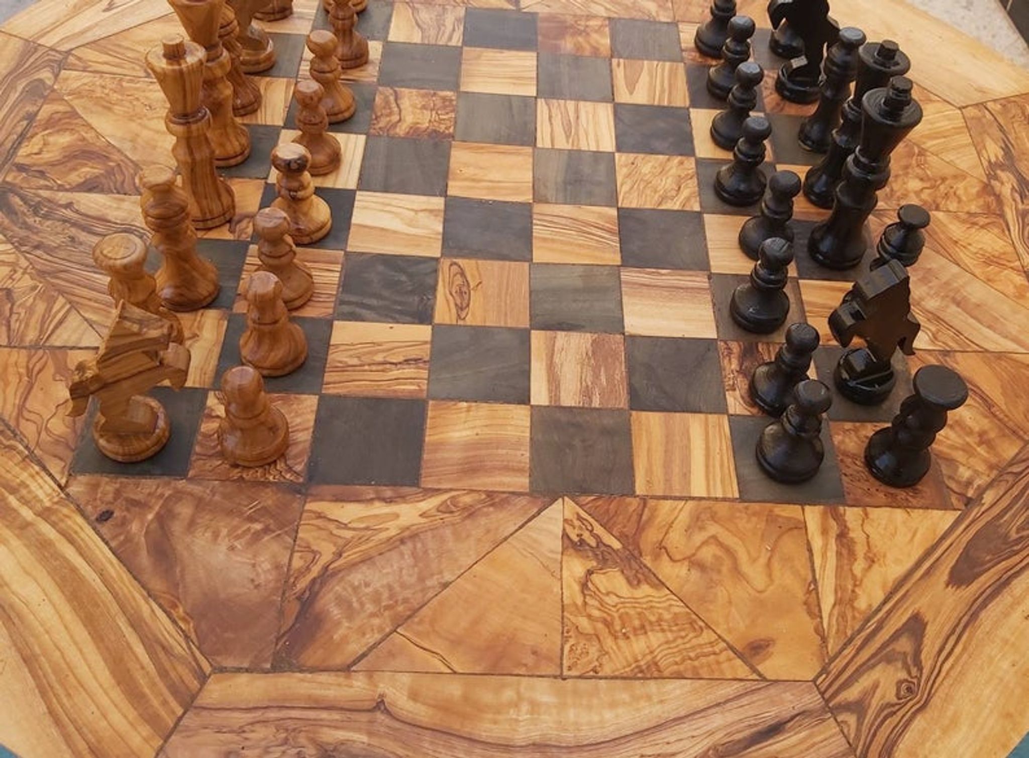 Chess game table, rustic olive wood