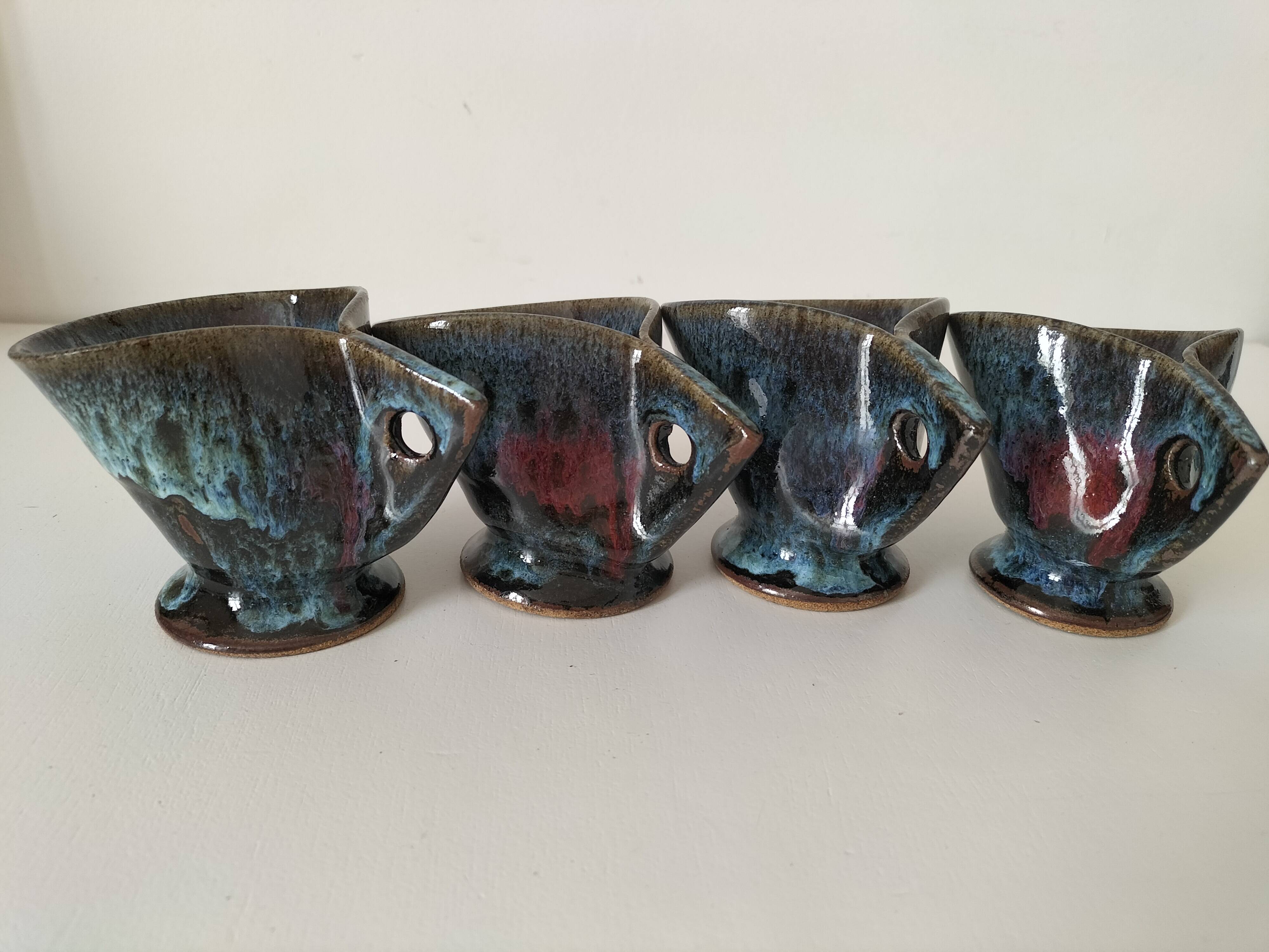 4 sculptural stoneware cups by Philippe Monroig
