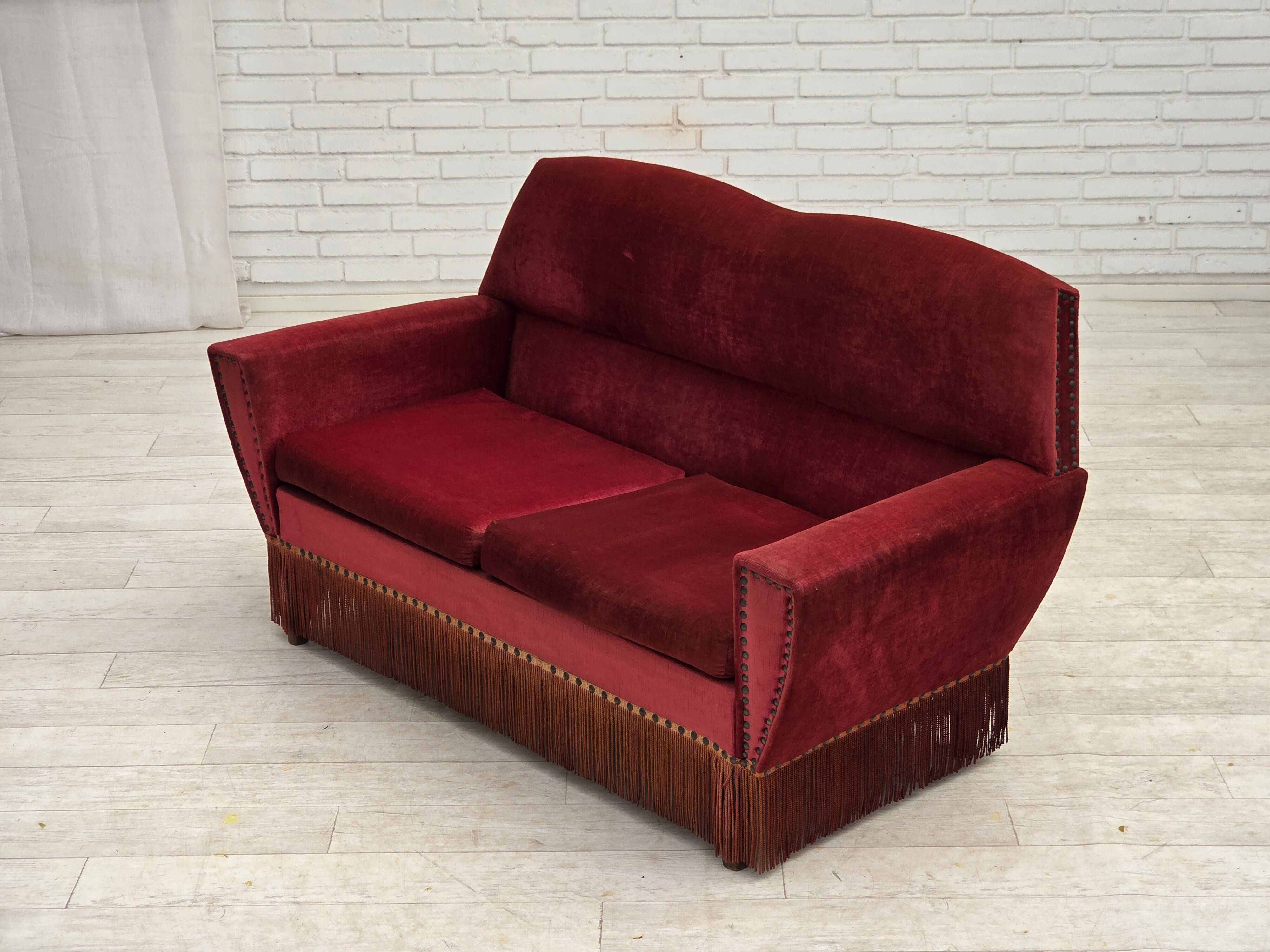 1970s, Danish 2-seater sofa, red furniture velour.
