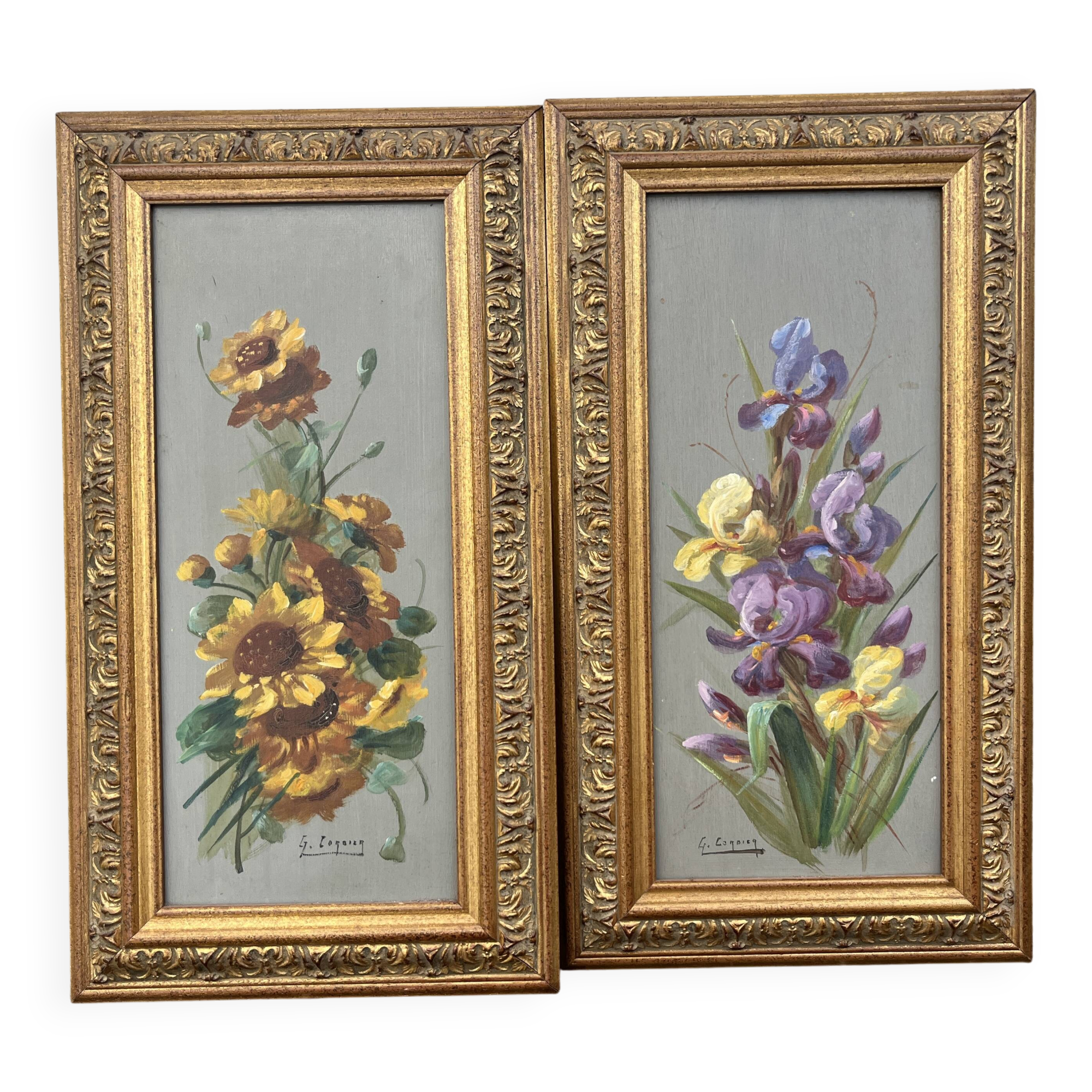 Gaston Corbier – Pair of floral paintings, oil on panel (63 cm)