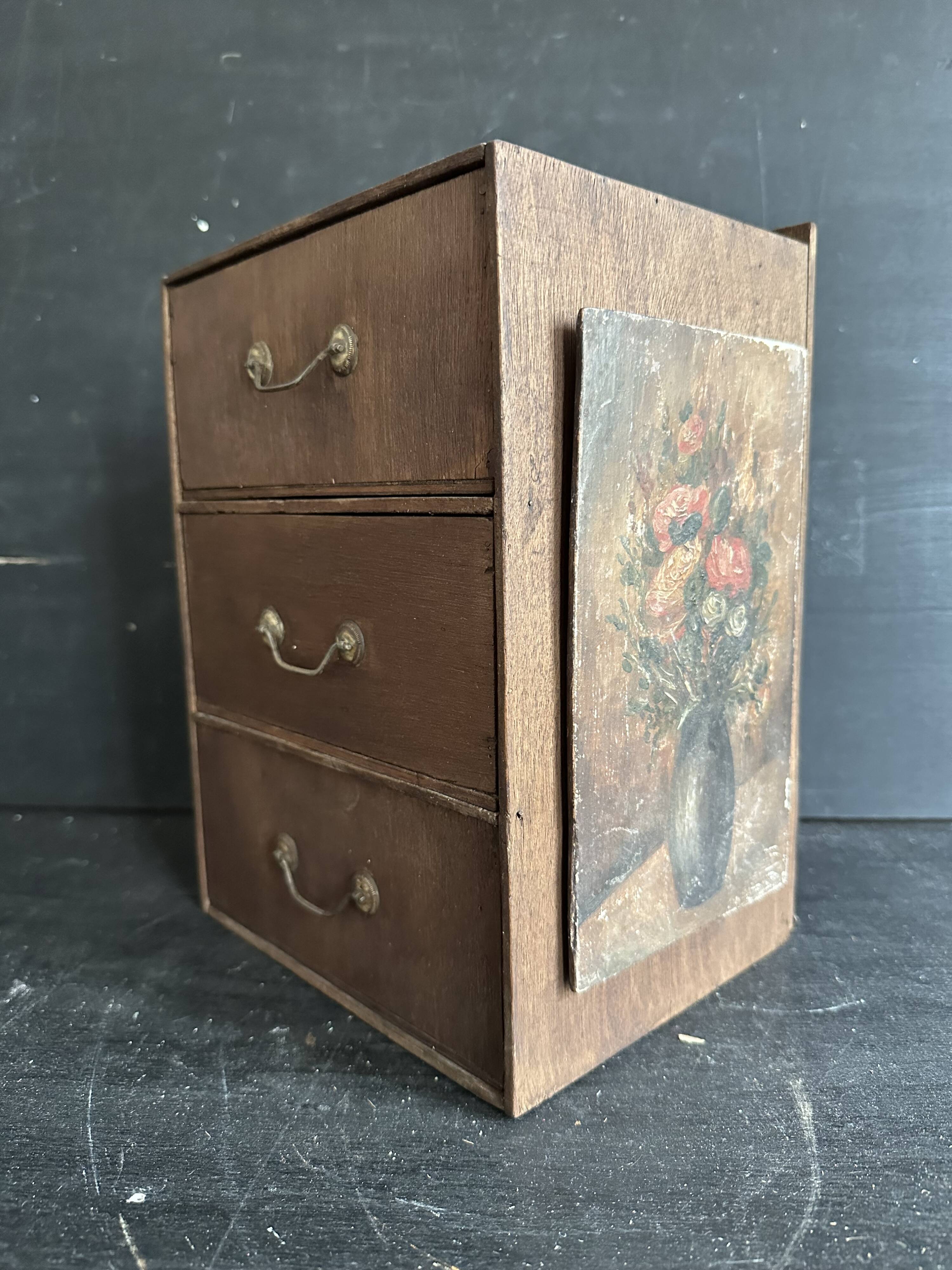 Small antique wooden drawer unit with floral painting, 1900.