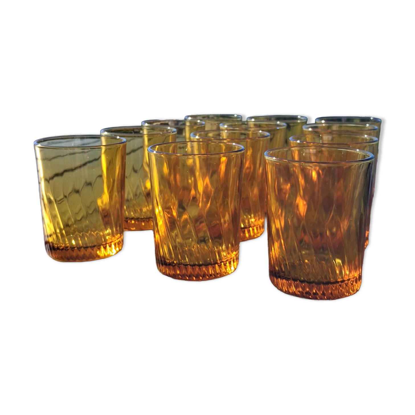 Set of 12 amber textured glass water glasses – Vintage 1970s