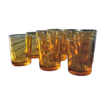 Set of 12 amber textured glass water glasses – 1970s