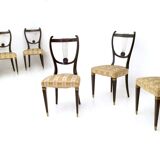 Set of Six Vintage Beech and Brass Dining Chairs with Goldenrod Fabric