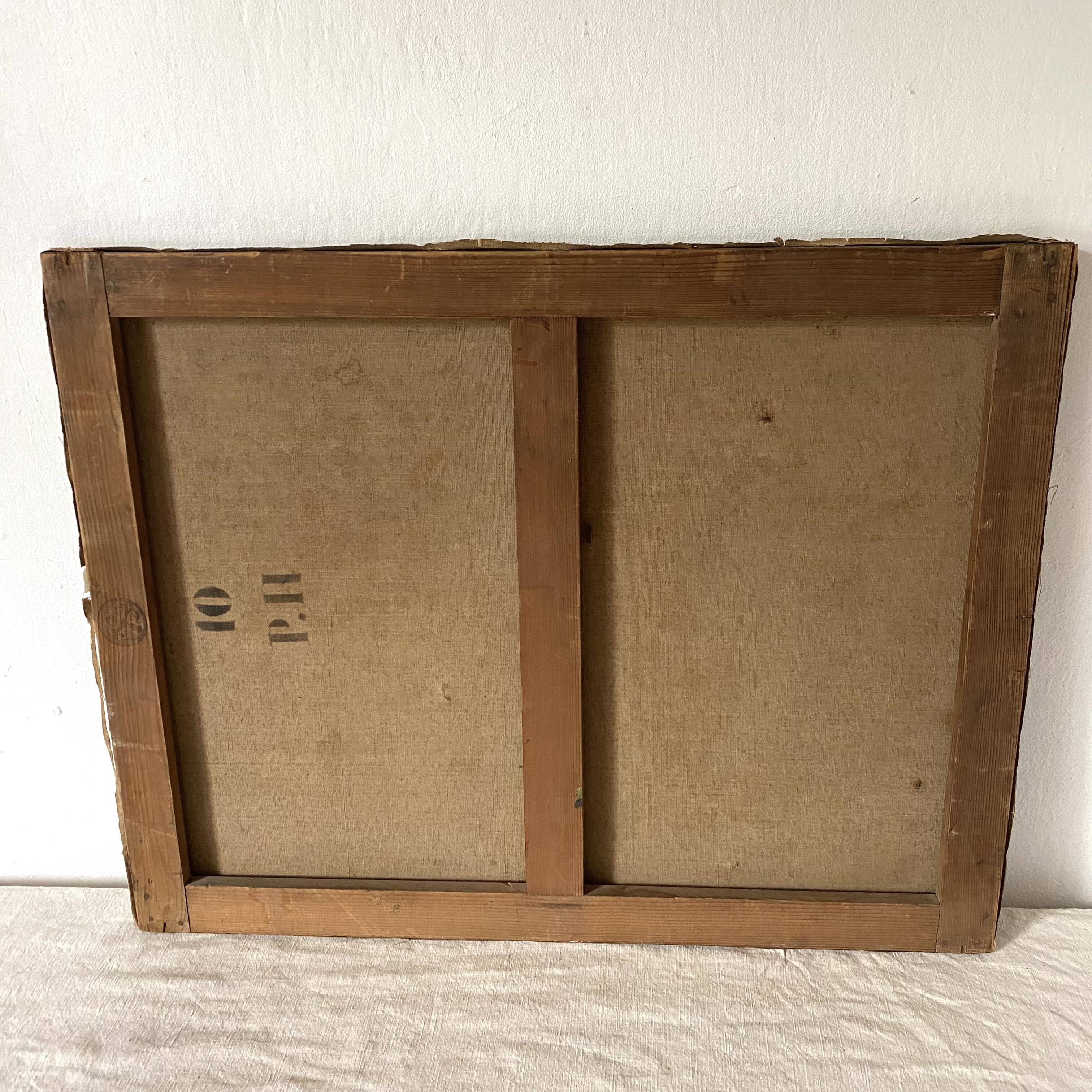 Old canvas painting at the water's edge, boat