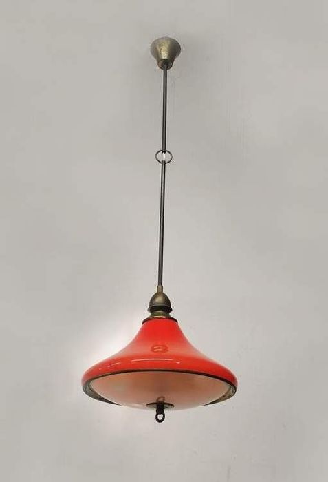 Vintage glass and brass pendant lamp / Italy, 60s
