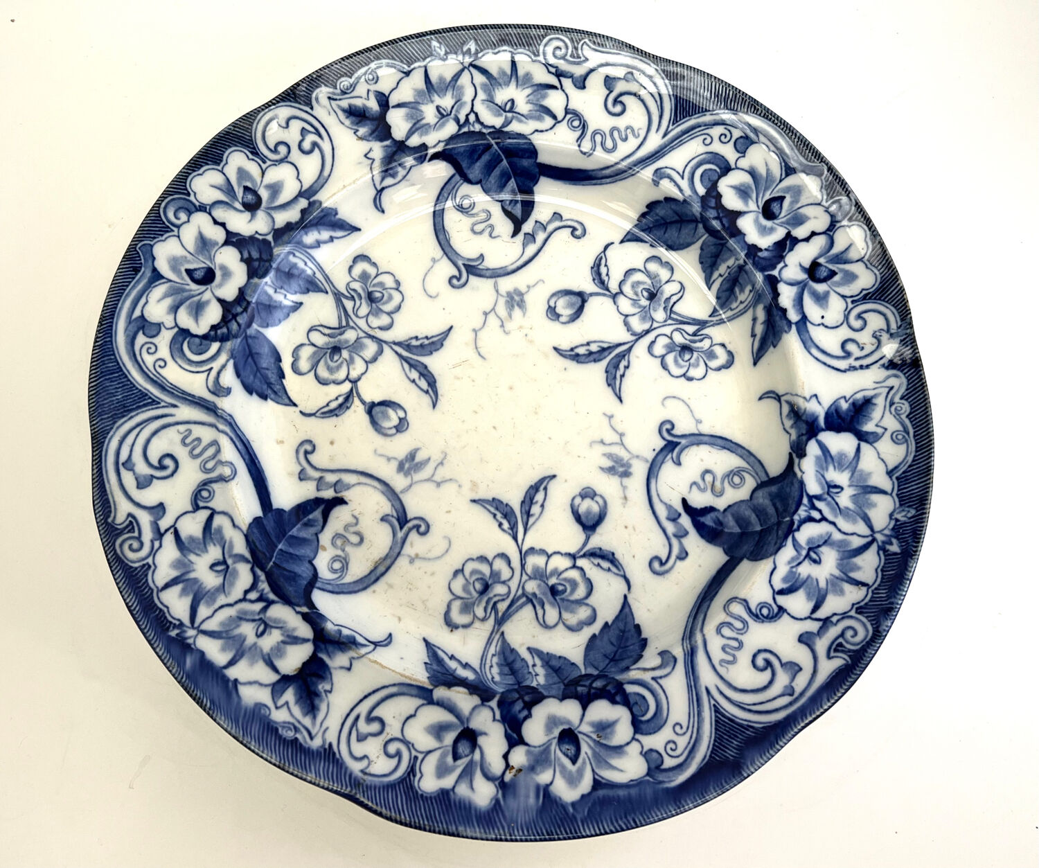 Round dish Creil Montereau white and blue bindweed