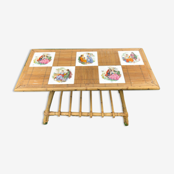 Table basse rotin bambou double plateau avec carreaux de faïence vintage