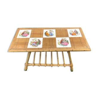 Double top bamboo rattan coffee table with vintage earthenware tiles