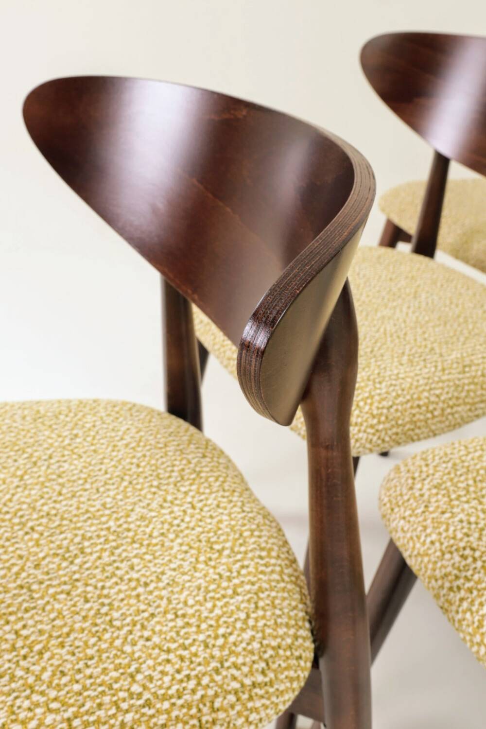 Set of 6 Dining Chairs, Light Beech Wood, Green Pattern  Fabric