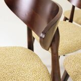 Set of 6 Dining Chairs, Light Beech Wood, Green Pattern  Fabric