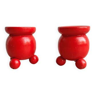 Set of 2 Vintage Scandinavian candle holders - red wood