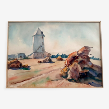 André Duculty (1912-1990) Watercolor on paper "The old mill - The sheaves" Signed lower right
