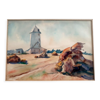 Aquarelle sur papier "Le vieux moulin - Les gerbes" Signée en bas à droite, André Duculty