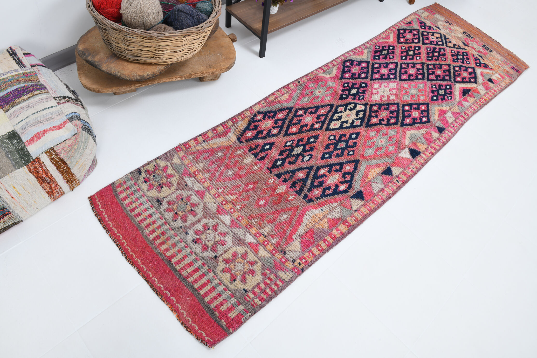 3x9 navy blue & pink turkish runner rug 79x272cm