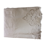 Old sheet with monograms and wide hand made embroider.