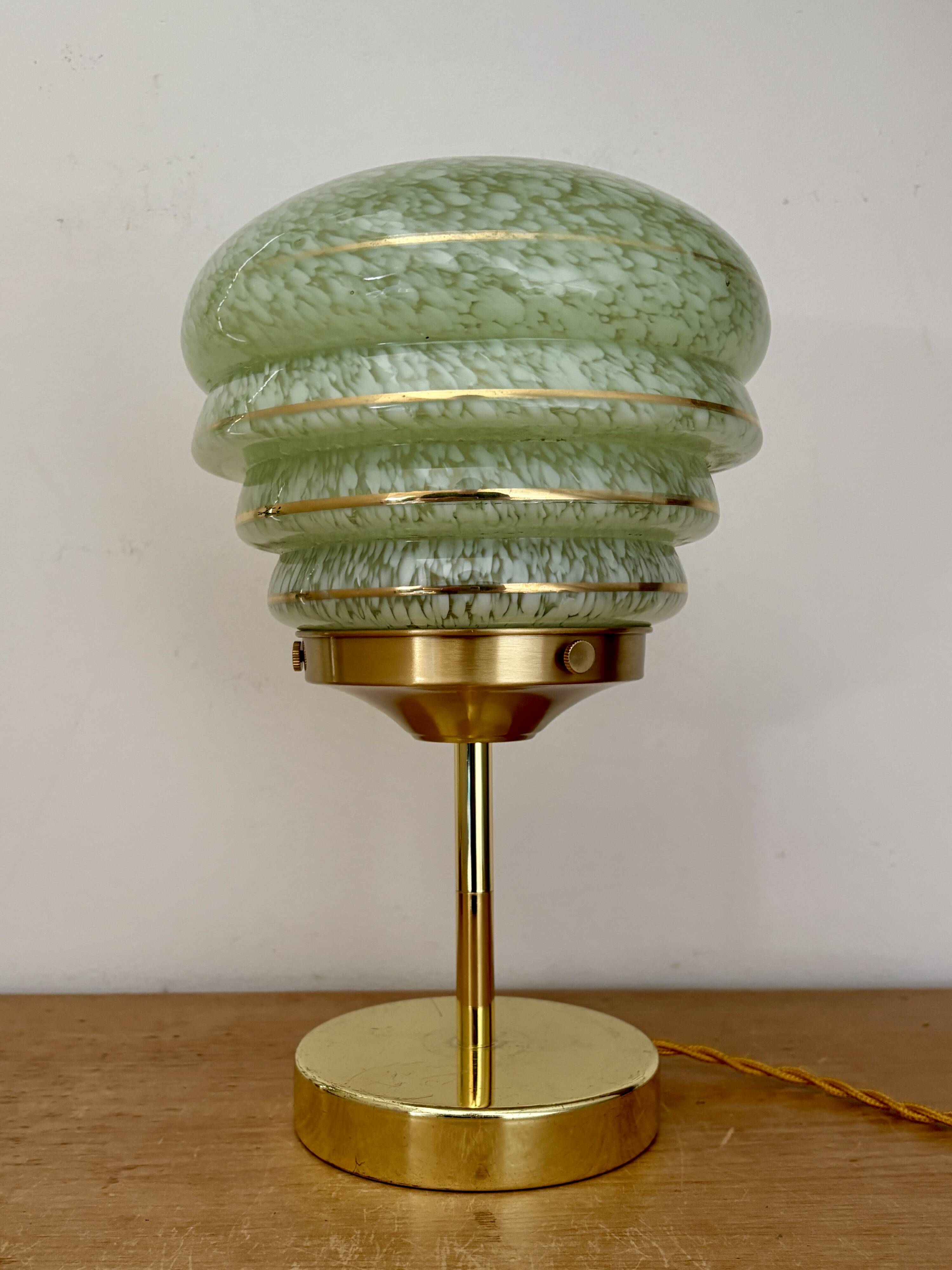 Vintage art deco globe table lamp in green and gold Clichy glass