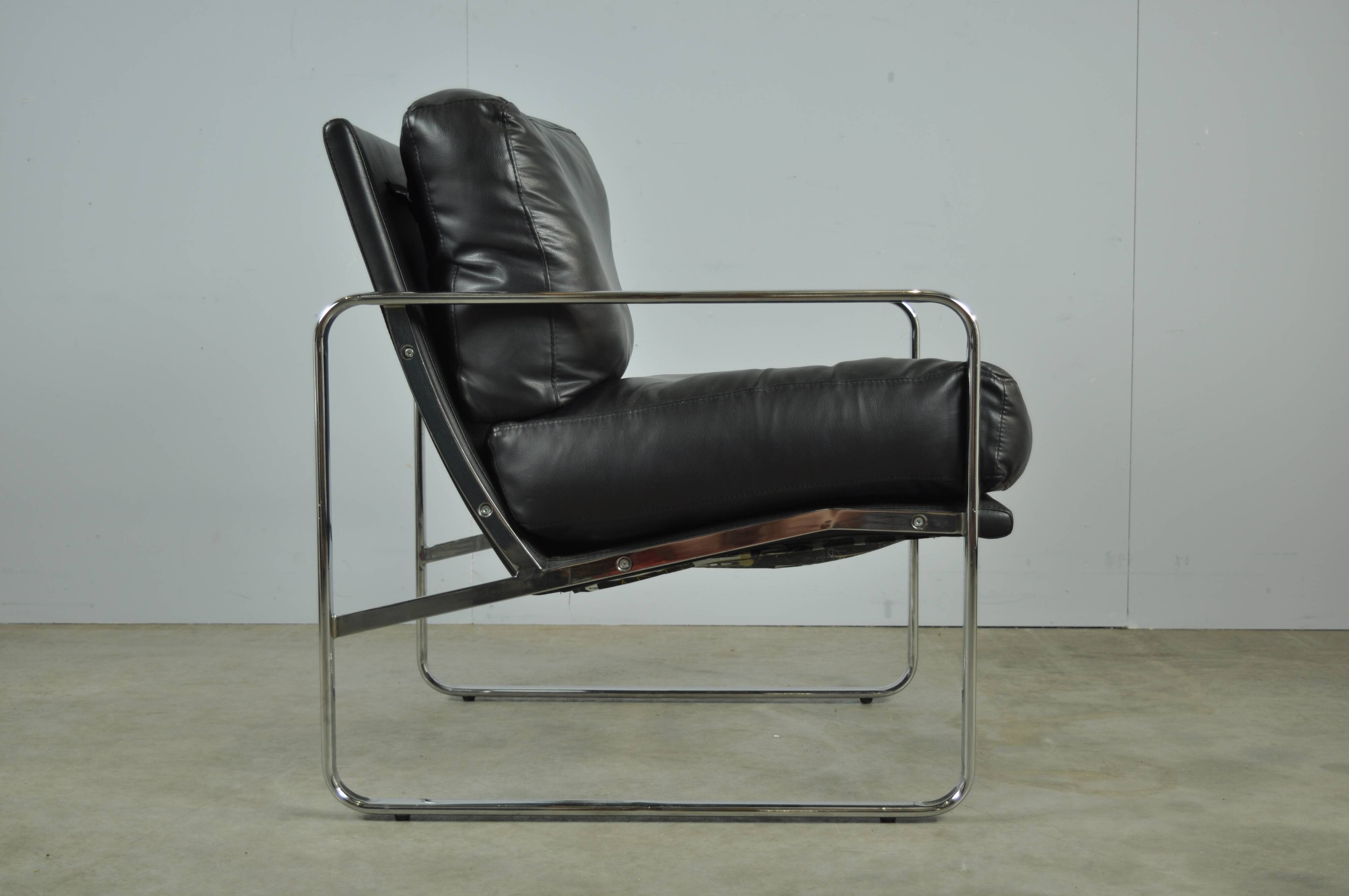 Black leather and metal armchair, 1980s