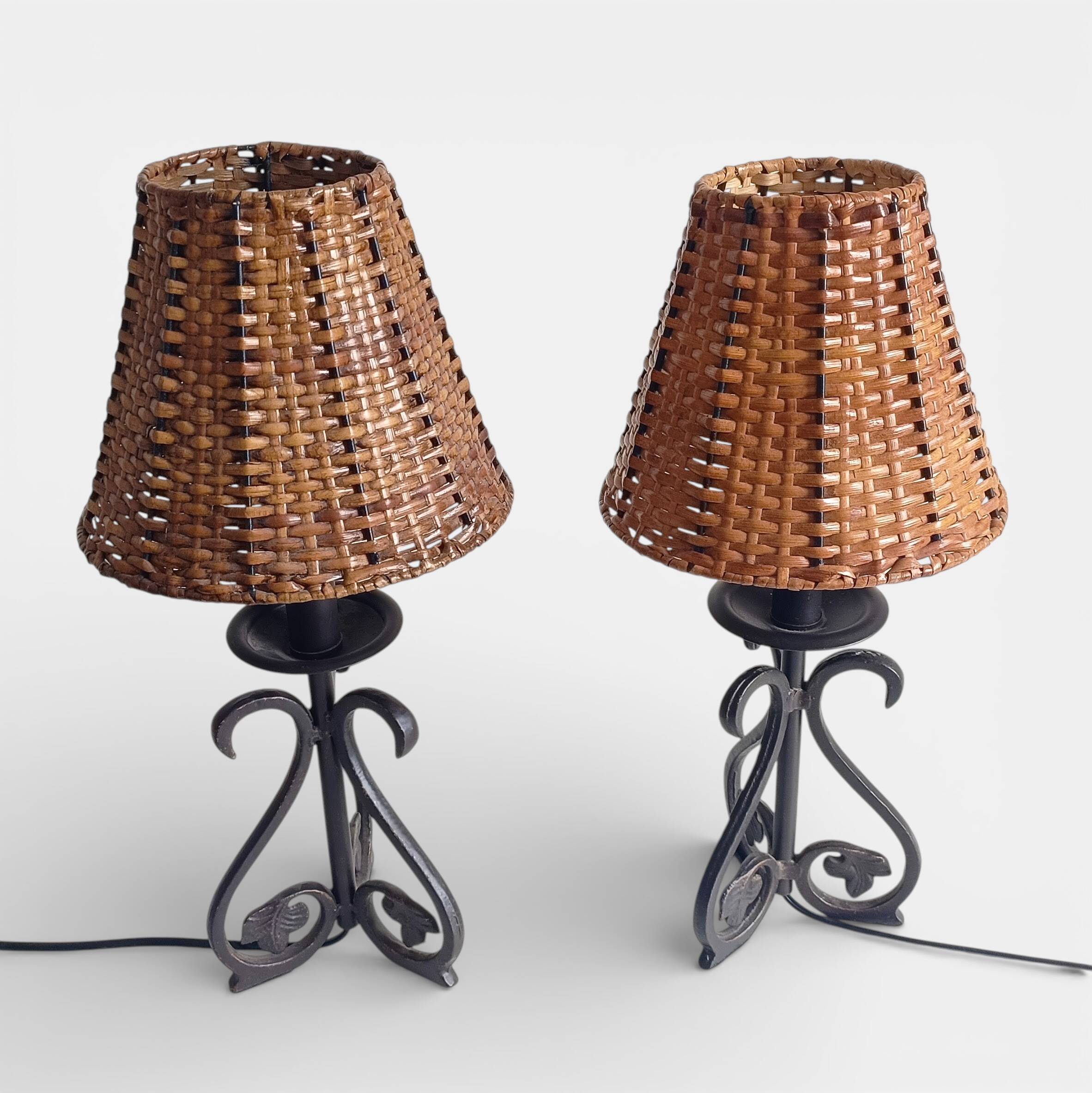 Spanish Hand Forged Wrought Iron Table Lamps with Hand Woven Wicker Shades
