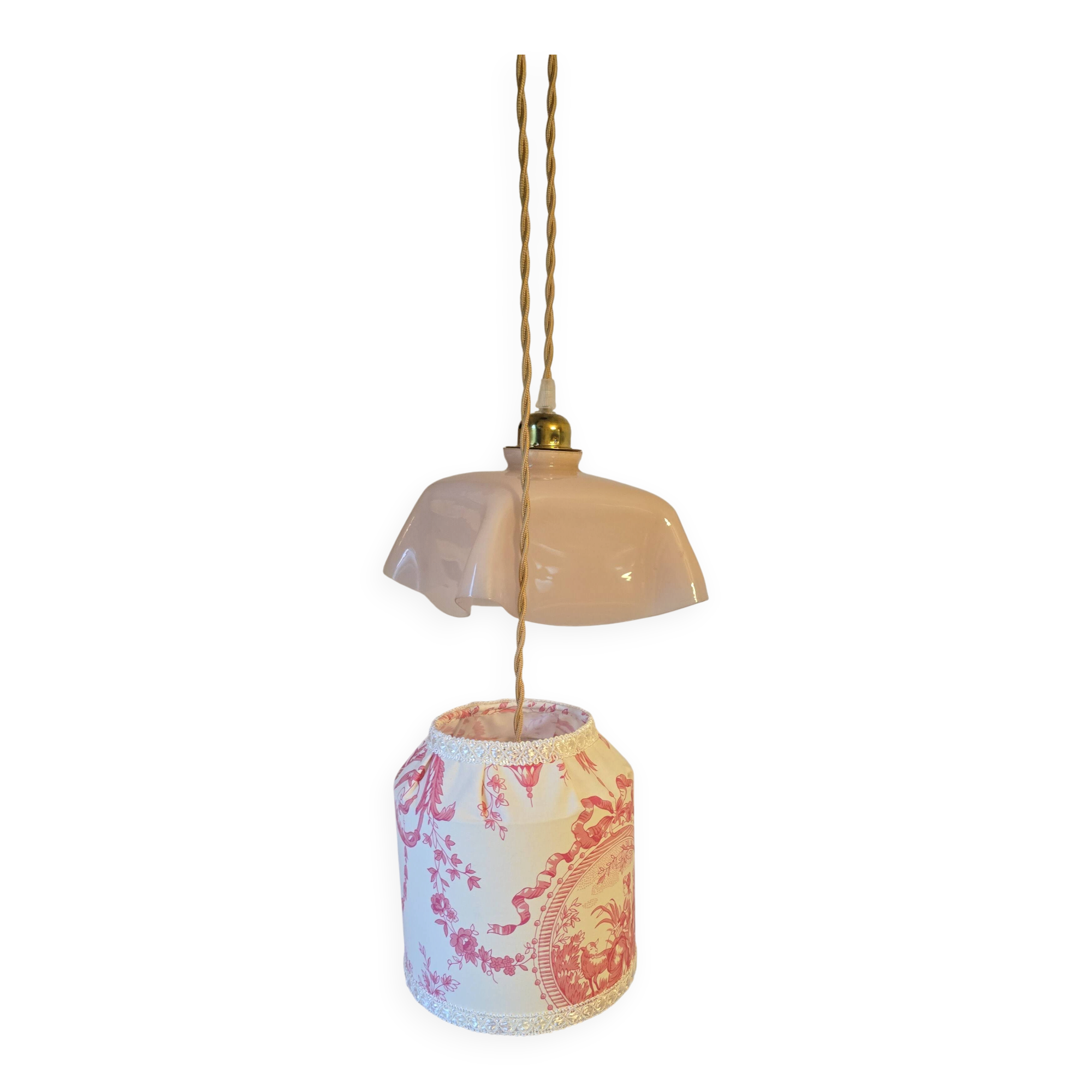 Suspension lampshade in Toile de Jouy and draped pink opaline.