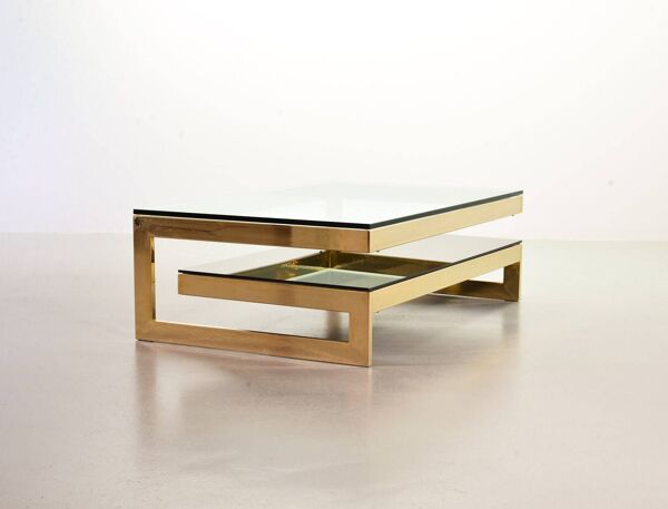 Table d'architecte Belgo-Chrom plaquée or 23 carats avec plateaux en verre, années 1970