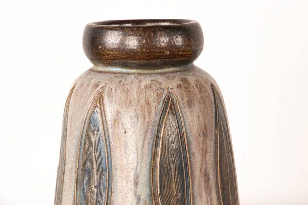 Vase de période Art-Déco en céramique émaillée, vert et gris, par Edouard G