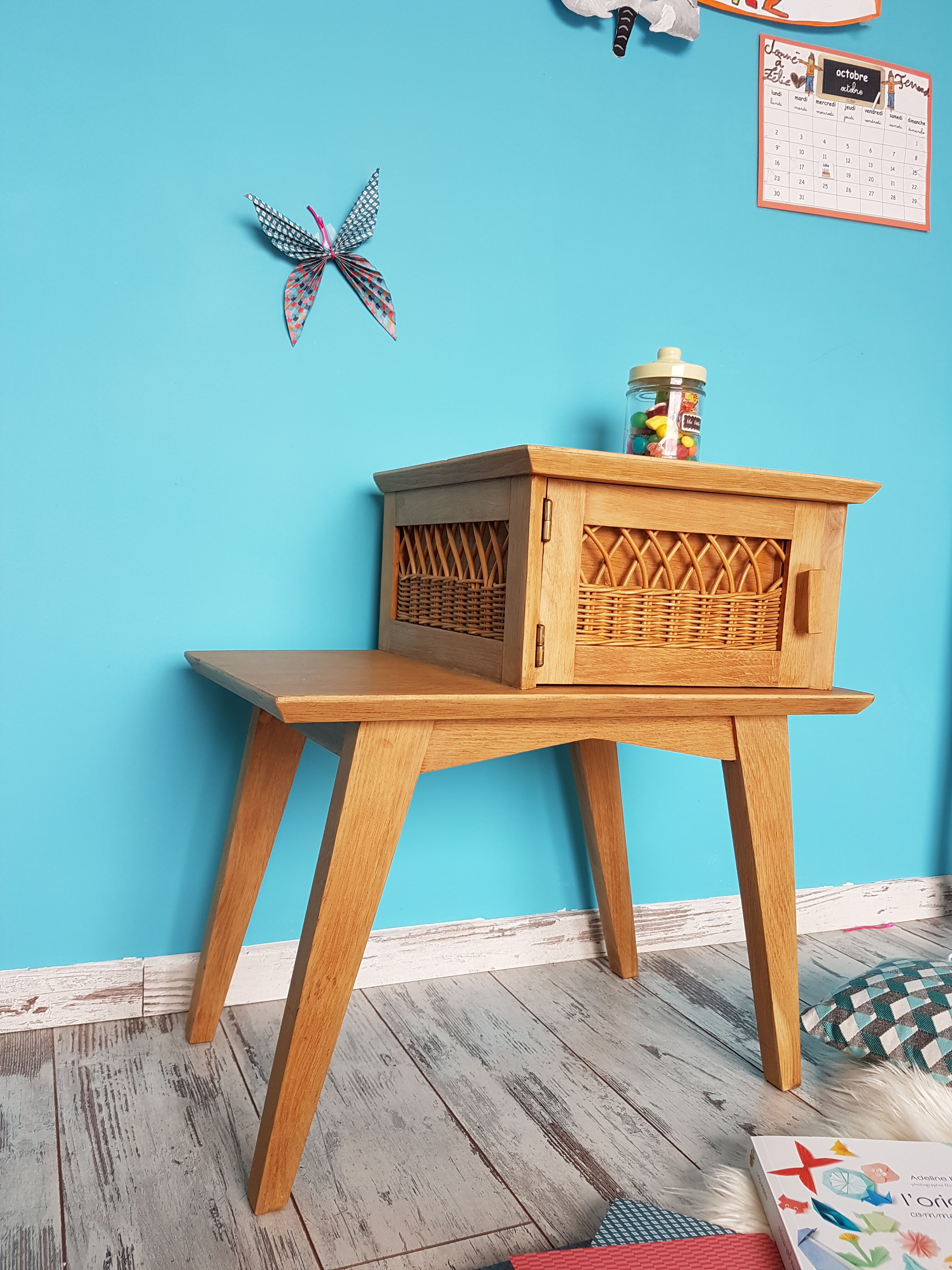 Vintage nightstand wood and rattan