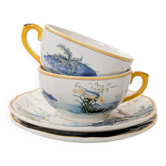 Lot de 2 tasses et soucoupes Gien Magellan « Caraïbes », faïence vintage