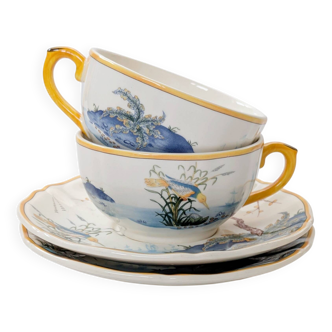 Set of 2 Gien Magellan "Caribbean" cups and saucers, vintage earthenware