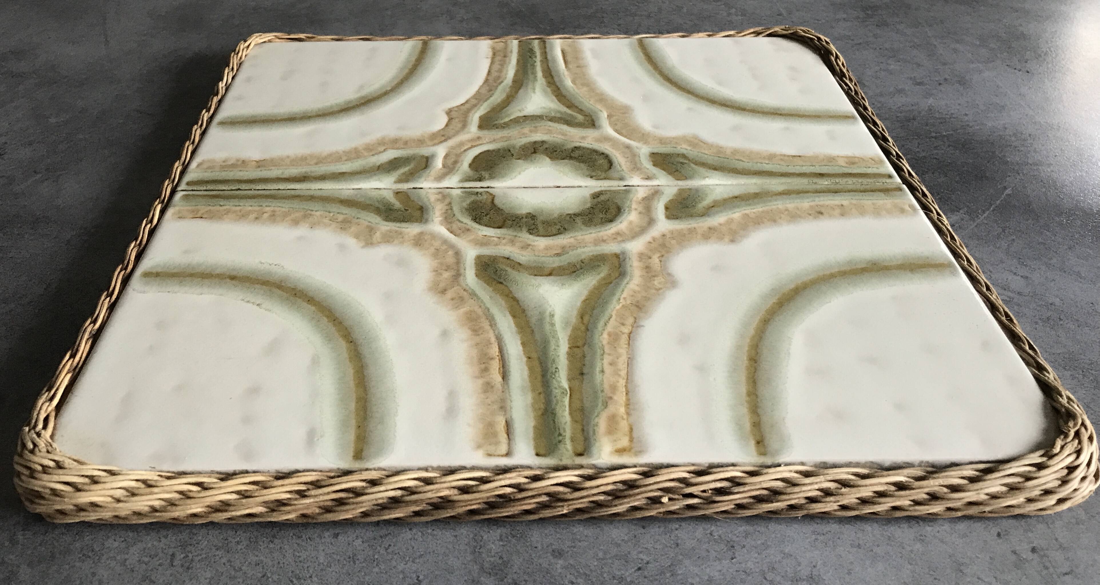 Ceramic tile trivet with vintage pattern woven wicker outline