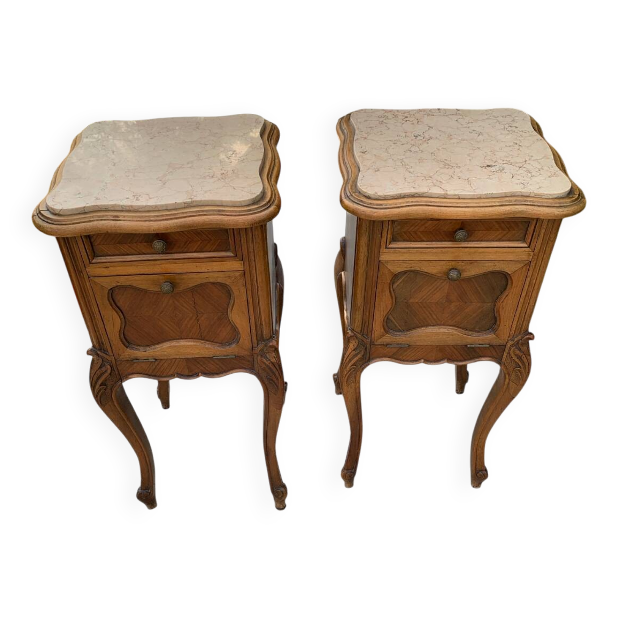 Louis XV bedside tables in beige marble