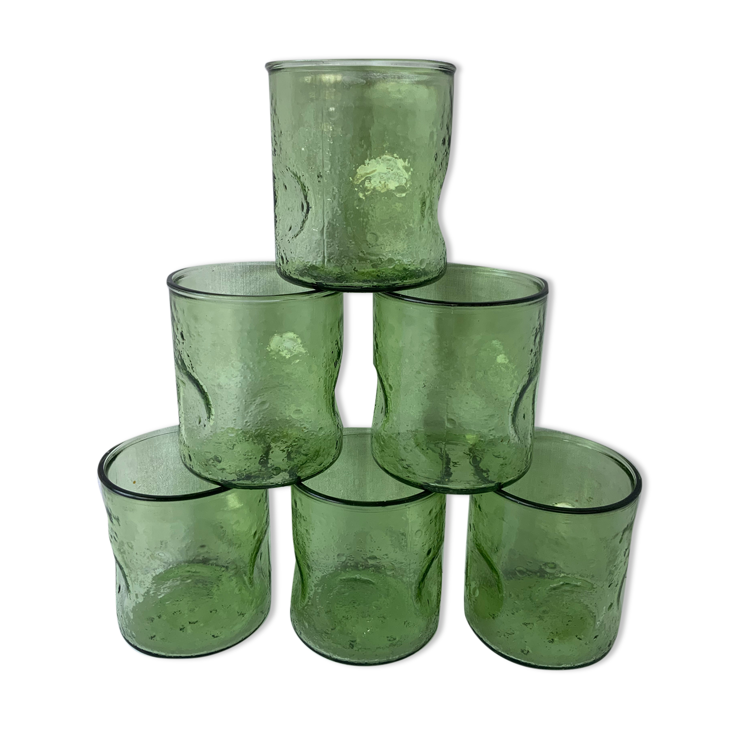 6 vintage green glasses