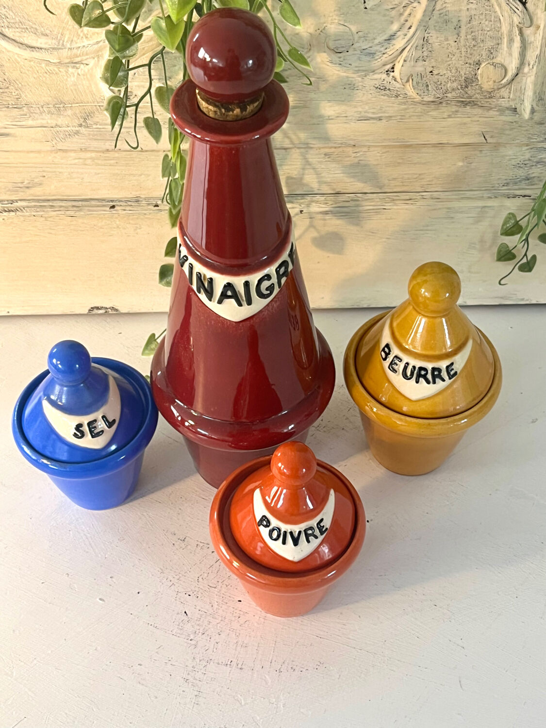 French 1950s ceramic vinaigrette set, Pol Chambost style