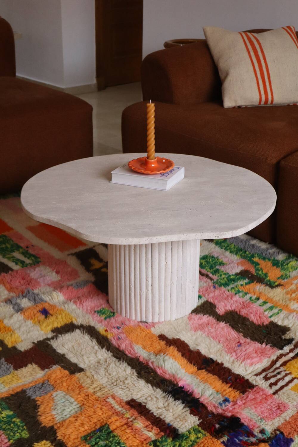 Organic shape travertine coffee table