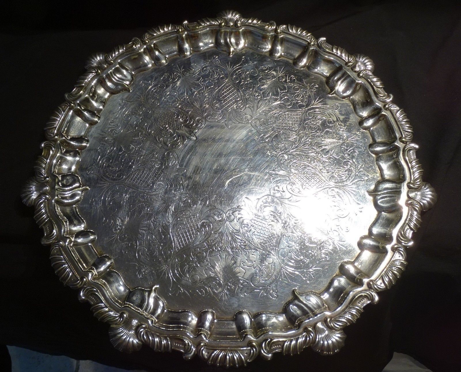 Silver metal tray engraved in late 19th century England rock style