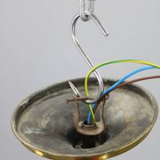 1930s Czechoslovak Art Deco brass chandelier with four opaline glass globes