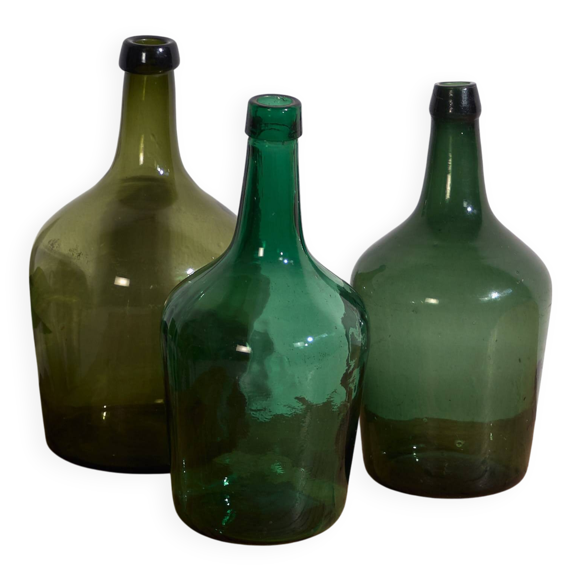 Antique green demijohns (c.1920). Set of 3 pieces