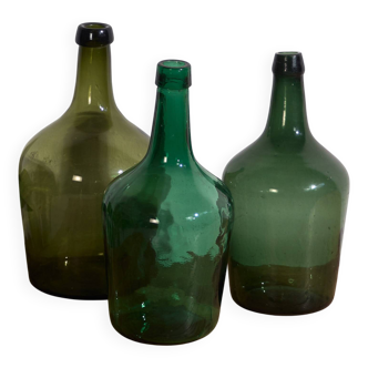Demijohns verts anciens (c.1920). Ensemble de 3 pièces