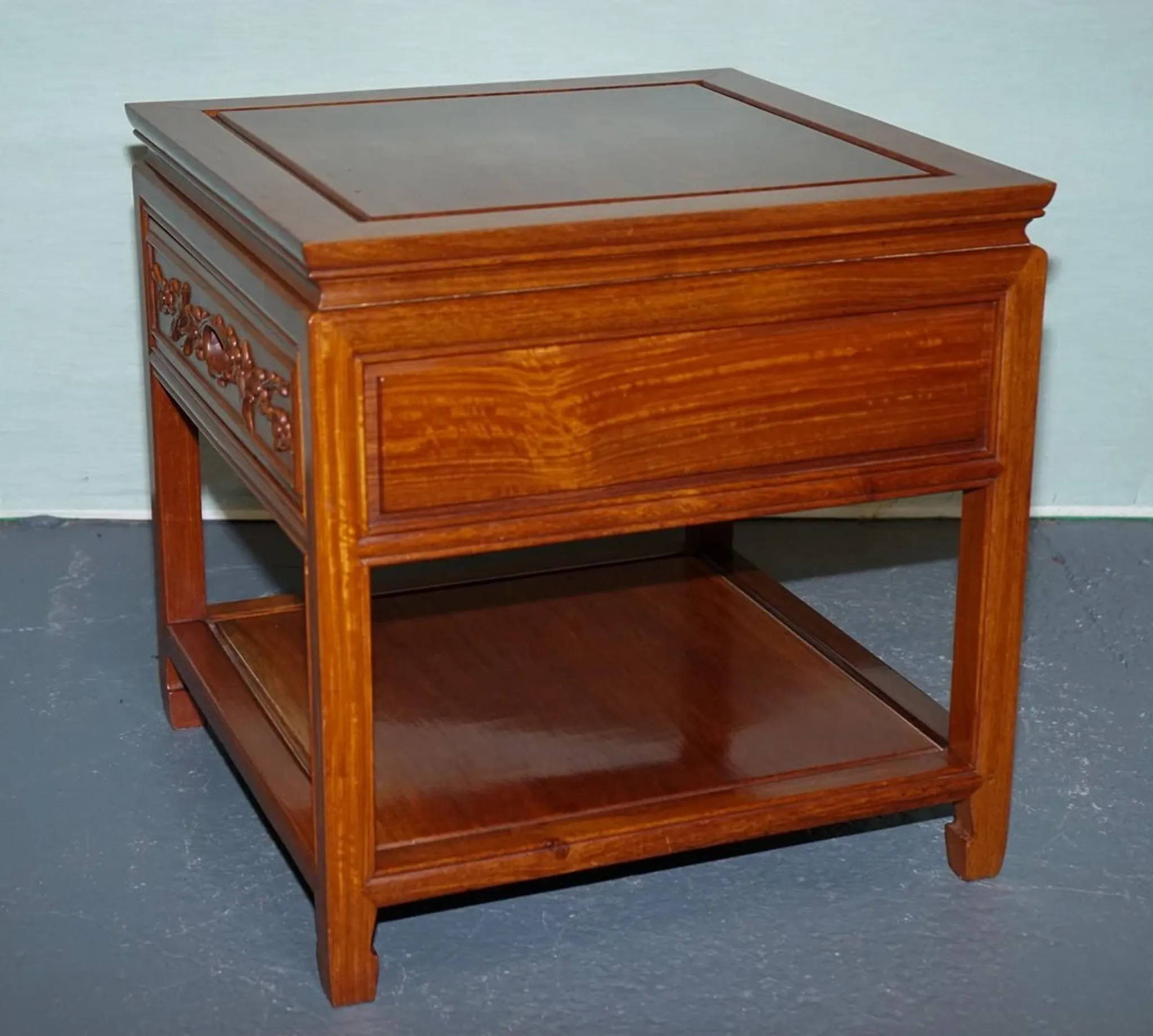 Vintage Oriental Teak Bedside Table with Drawer and Shelf, China
