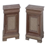 Pair of antique bedside tables / nightstands in raw wood and canework